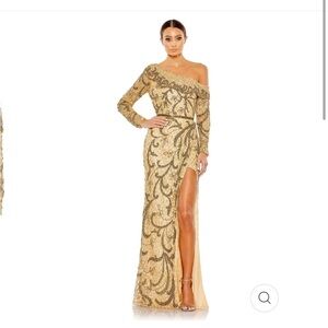 Mac Duggal 5639 Embellished One Shoulder Long Sleeve Faux Wrap Gown